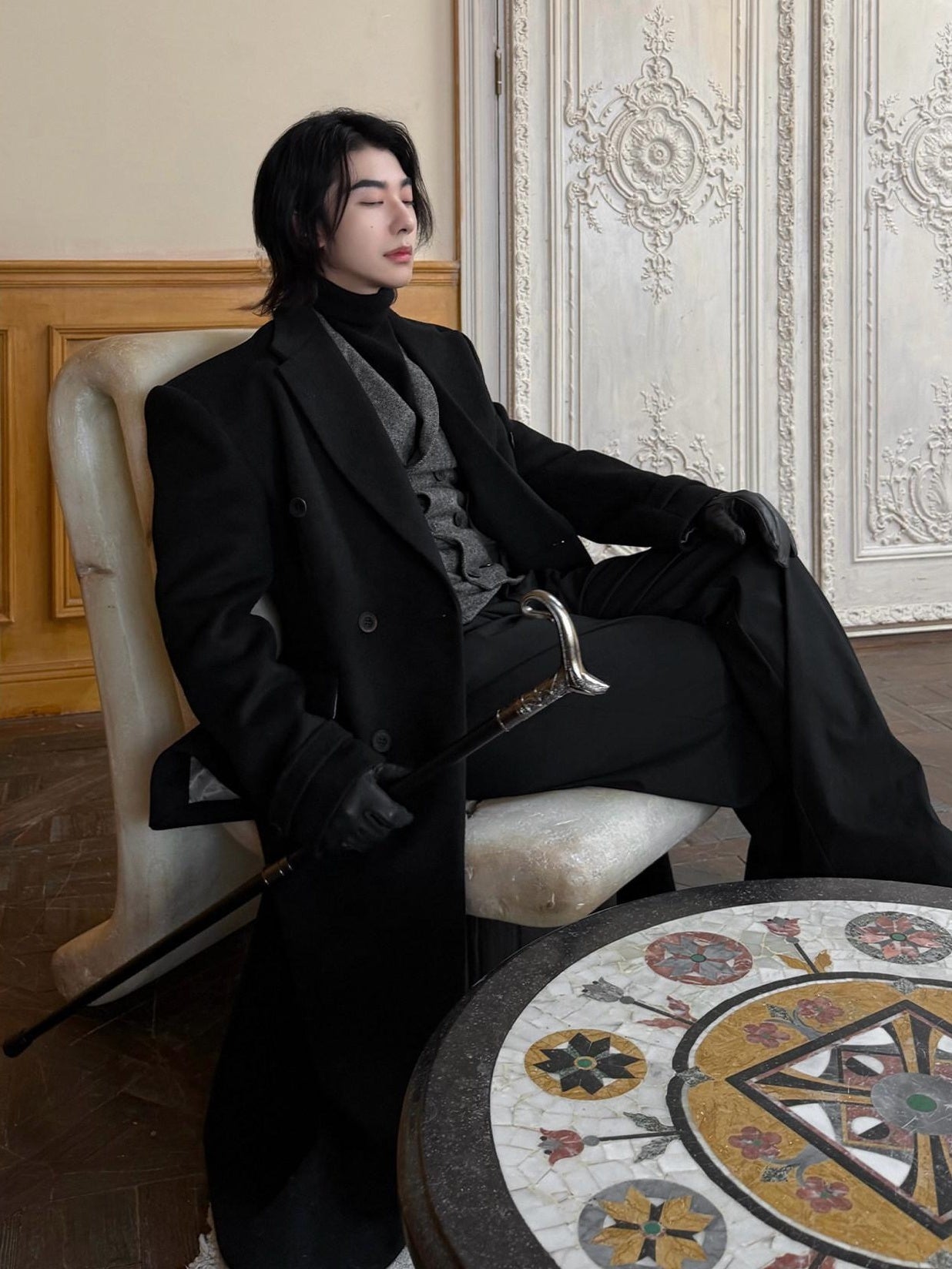 BALITONE Non Iron Slim Fit Double Breasted Long Coat Flap Pockets Black Wool Coats