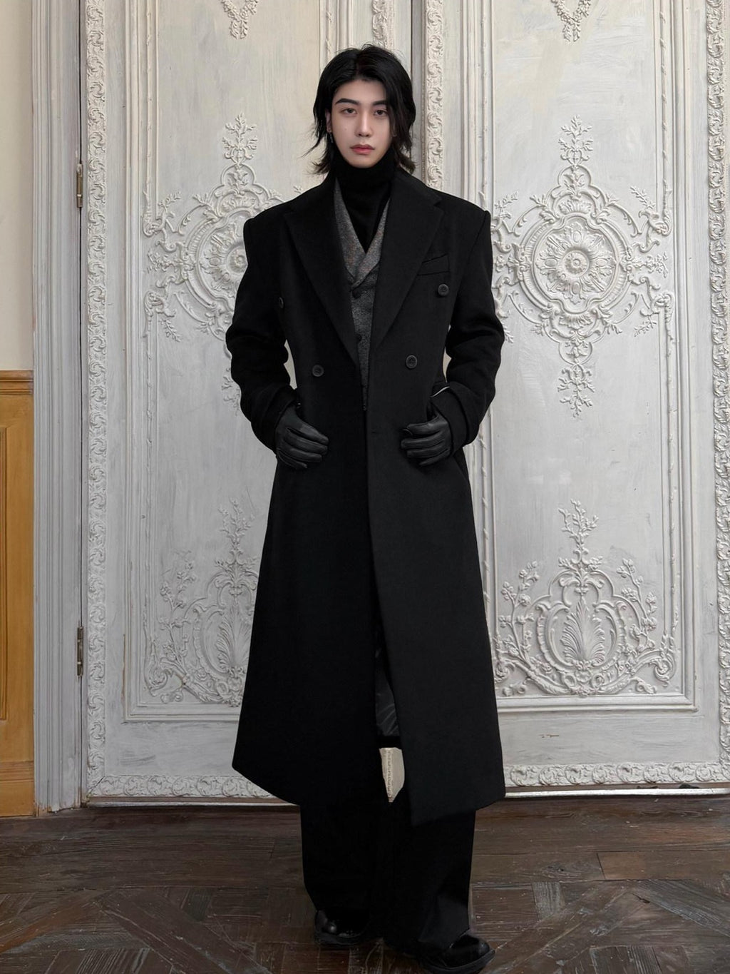 BALITONE Non Iron Slim Fit Double Breasted Long Coat Flap Pockets Black Wool Coats