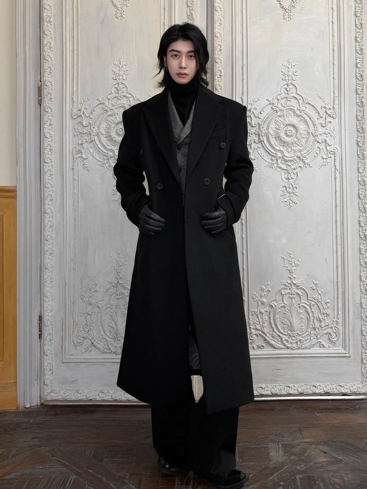 BALITONE Non Iron Slim Fit Double Breasted Long Coat Flap Pockets Black Wool Coats