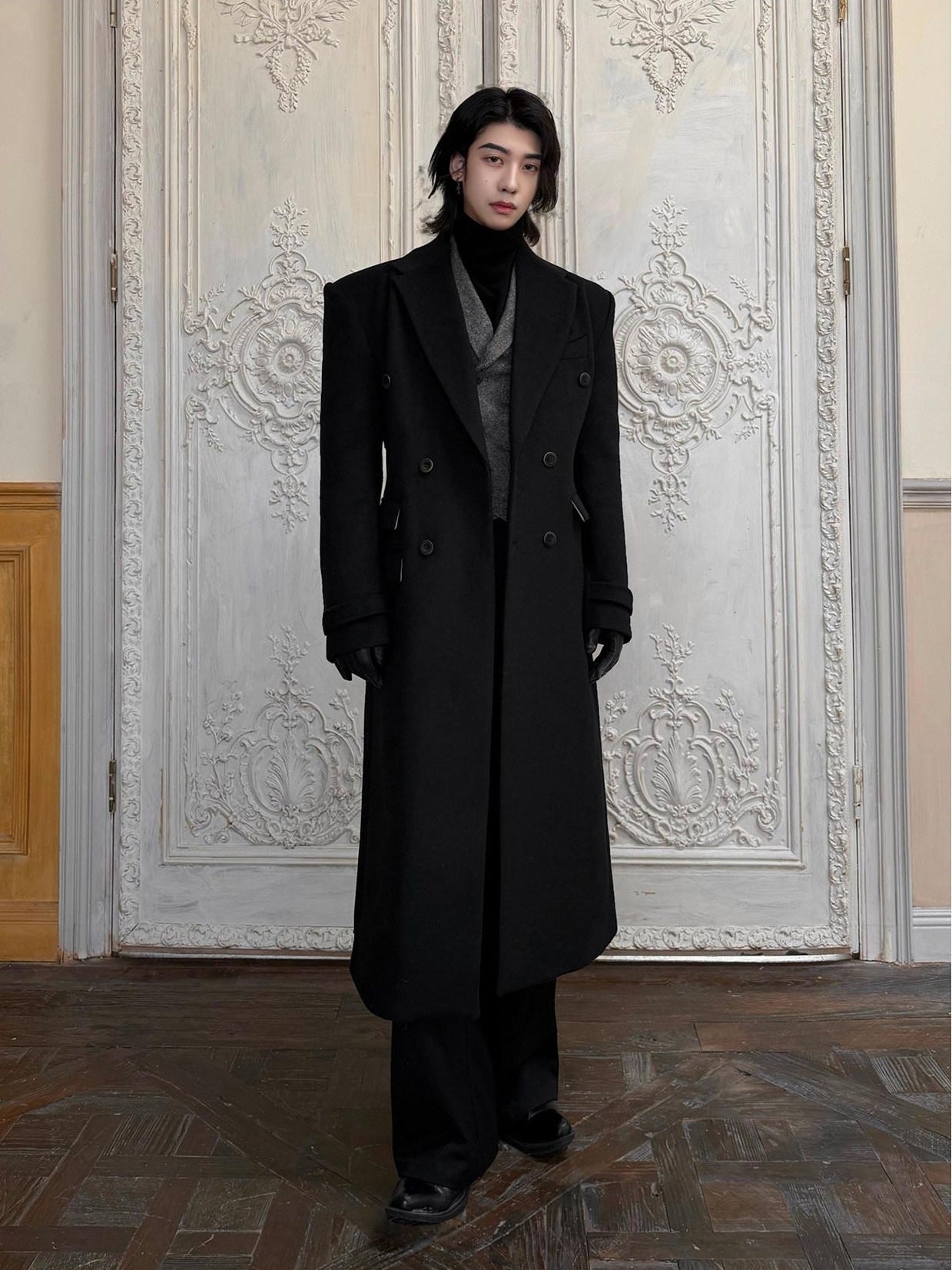 BALITONE Non Iron Slim Fit Double Breasted Long Coat Flap Pockets Black Wool Coats