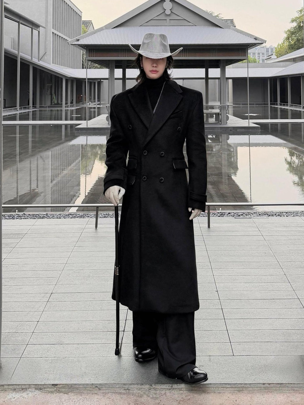 BALITONE Non Iron Slim Fit Double Breasted Long Coat Flap Pockets Black Wool Coats