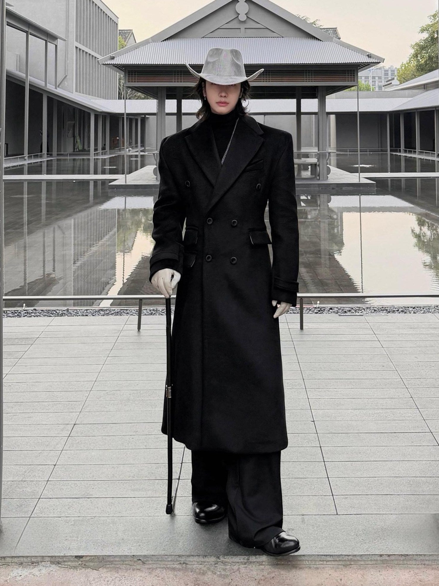 BALITONE Non Iron Slim Fit Double Breasted Long Coat Flap Pockets Black Wool Coats