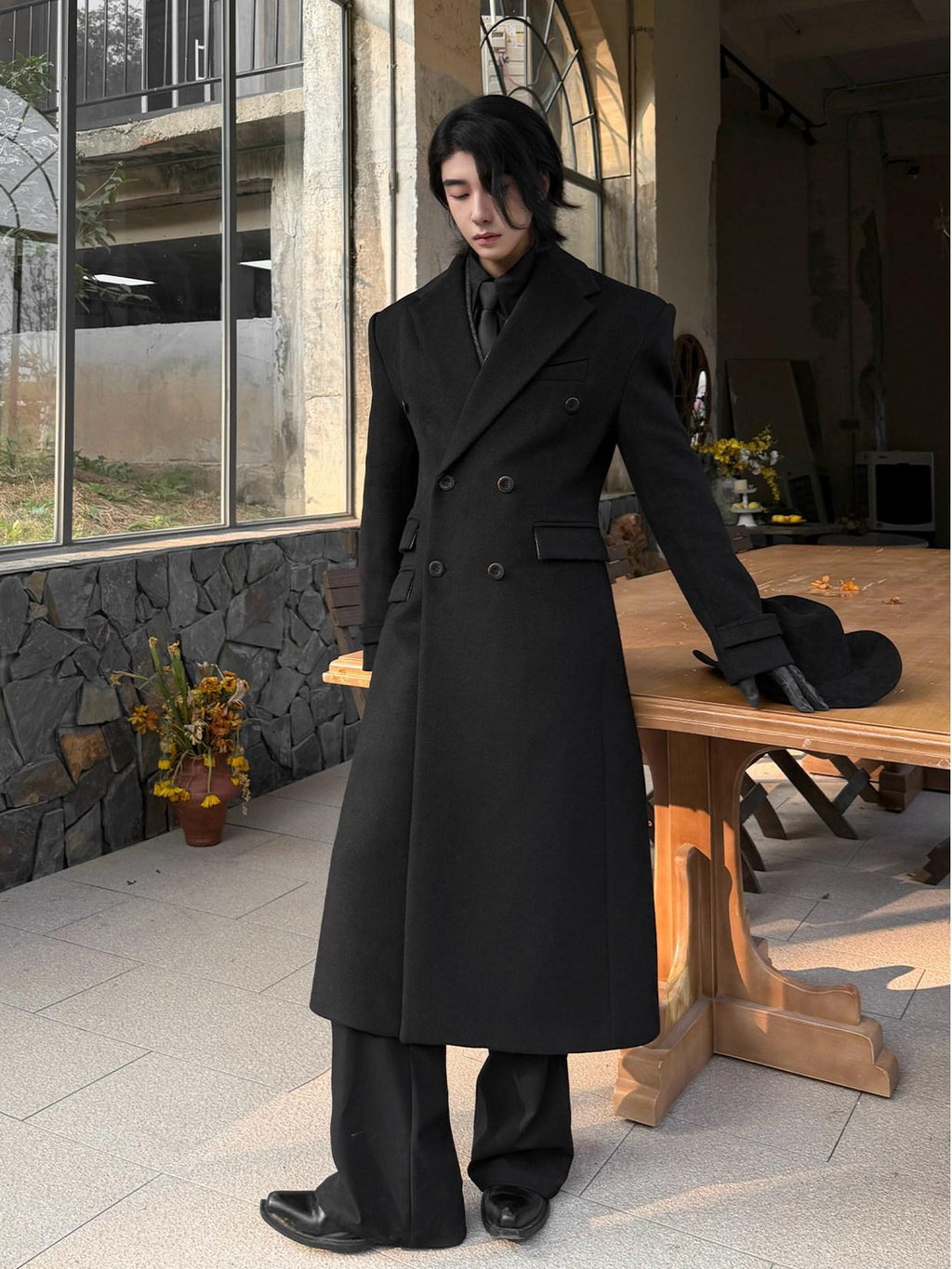 BALITONE Non Iron Slim Fit Double Breasted Long Coat Flap Pockets Black Wool Coats