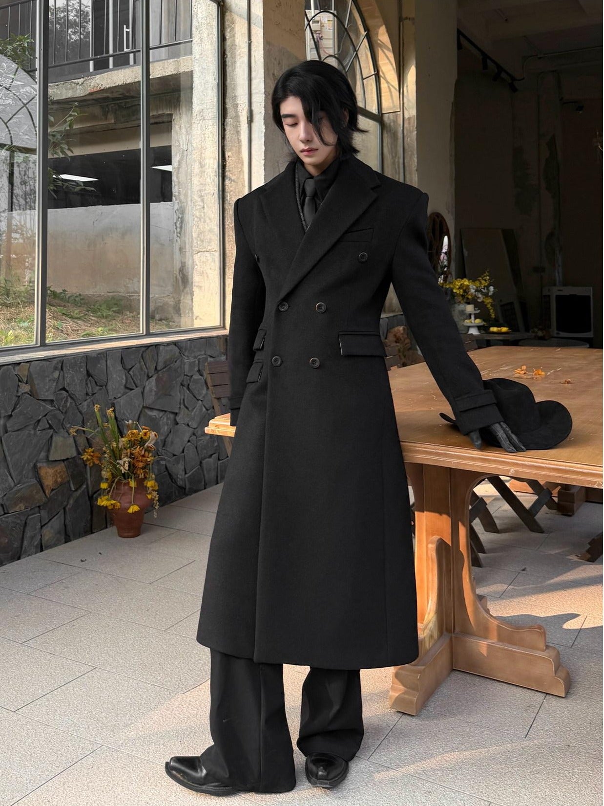BALITONE Non Iron Slim Fit Double Breasted Long Coat Flap Pockets Black Wool Coats