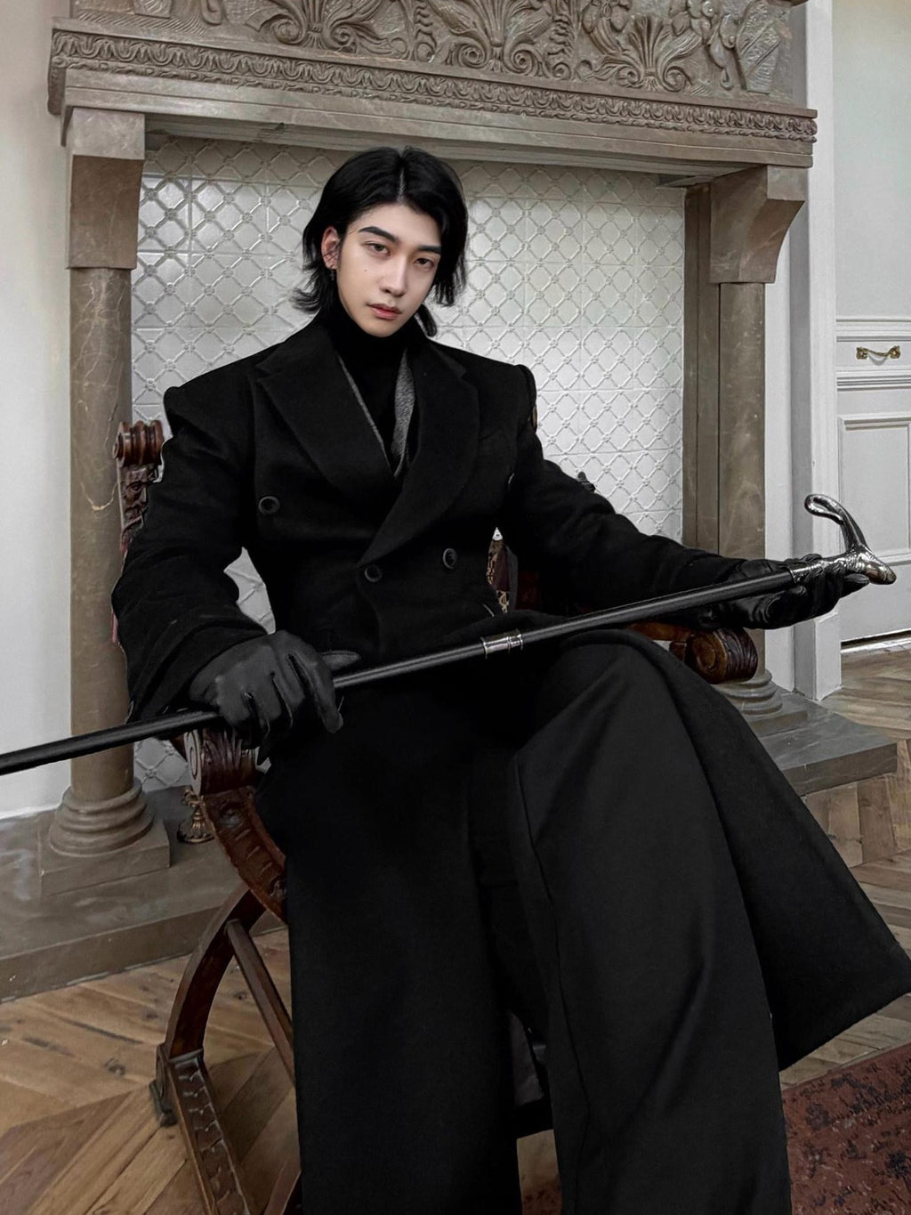 BALITONE Non Iron Slim Fit Double Breasted Long Coat Flap Pockets Black Wool Coats