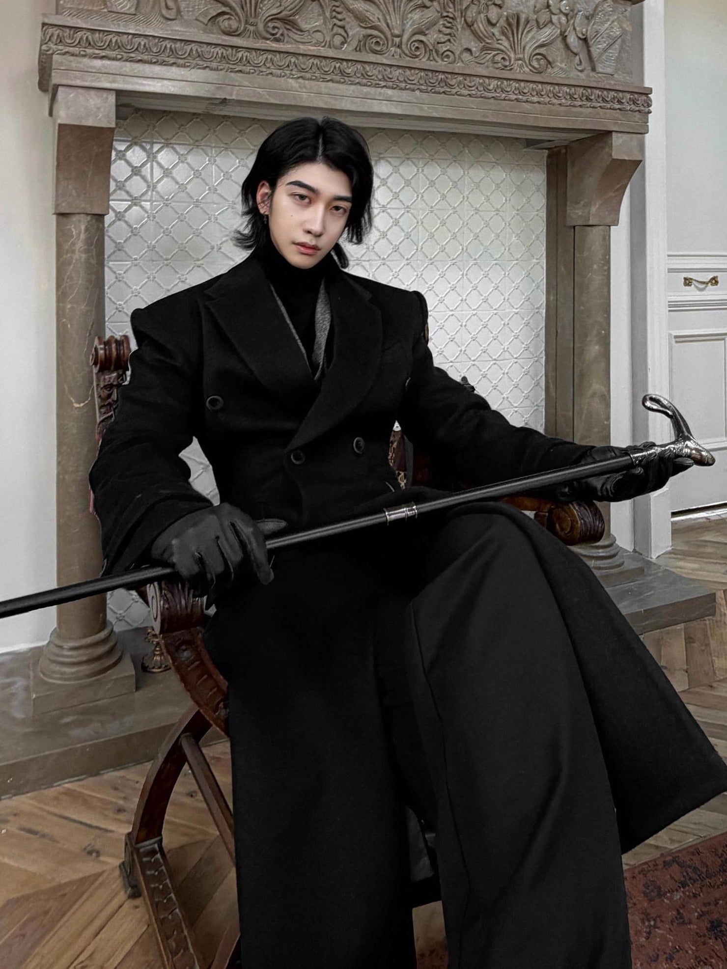 BALITONE Non Iron Slim Fit Double Breasted Long Coat Flap Pockets Black Wool Coats