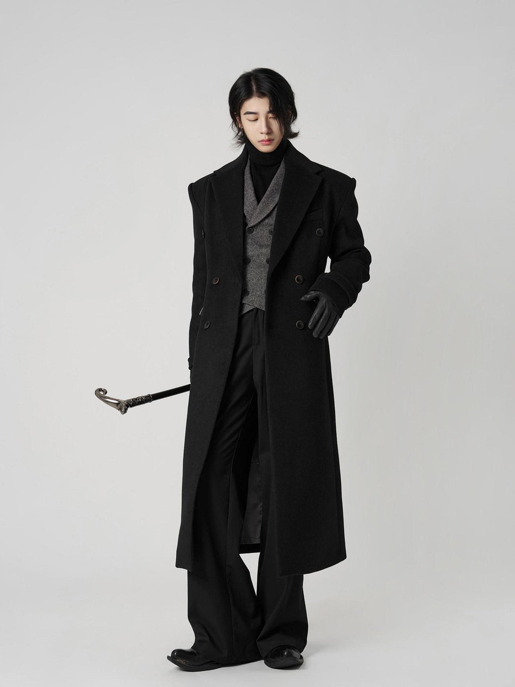 BALITONE Non Iron Slim Fit Double Breasted Long Coat Flap Pockets Black Wool Coats