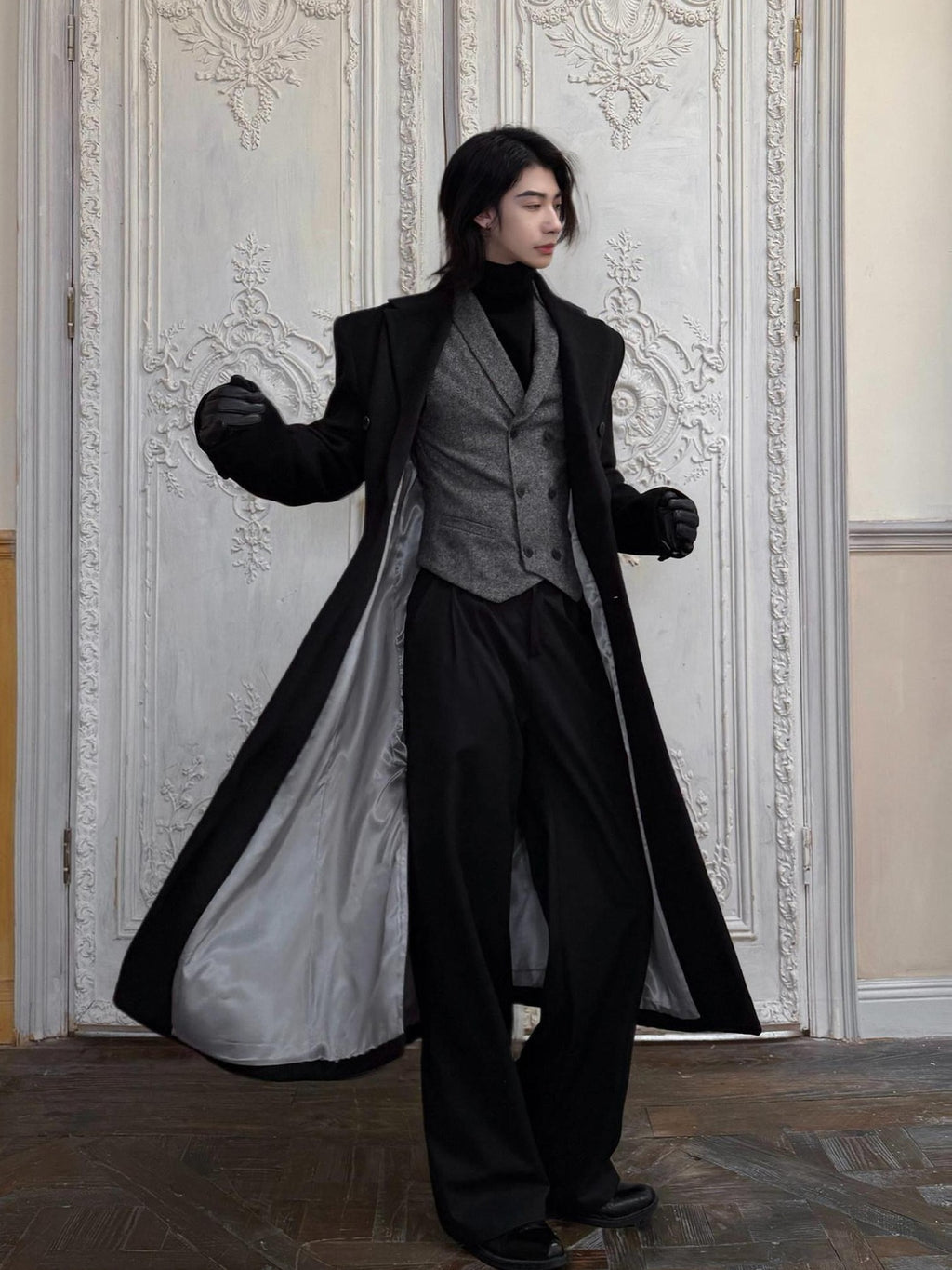 BALITONE Non Iron Slim Fit Double Breasted Long Coat Flap Pockets Black Wool Coats