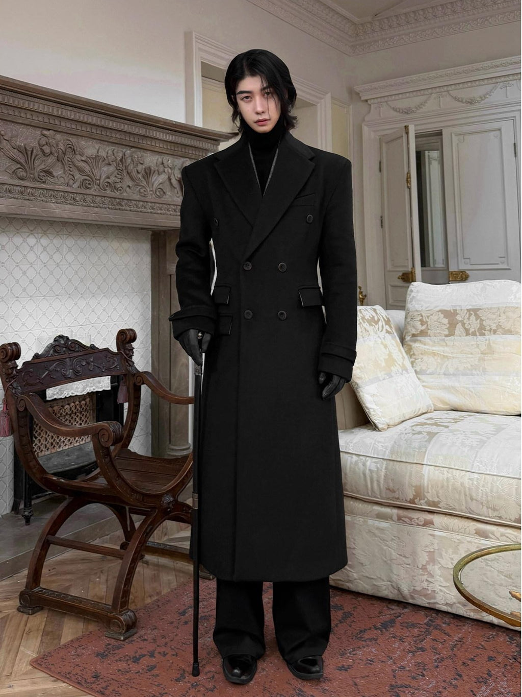 BALITONE Non Iron Slim Fit Double Breasted Long Coat Flap Pockets Black Wool Coats