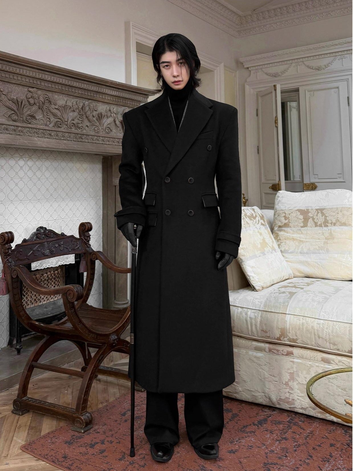 BALITONE Non Iron Slim Fit Double Breasted Long Coat Flap Pockets Black Wool Coats
