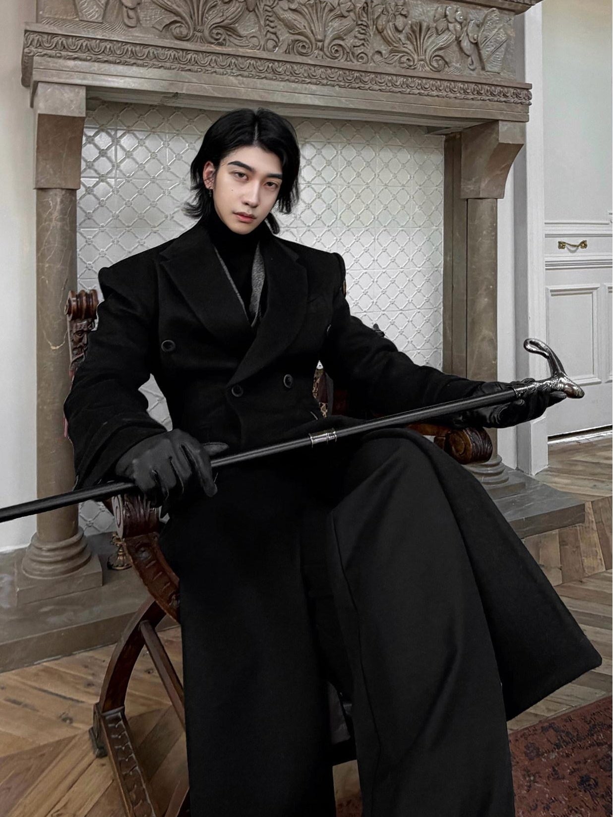 BALITONE Non Iron Slim Fit Double Breasted Long Coat Flap Pockets Black Wool Coats
