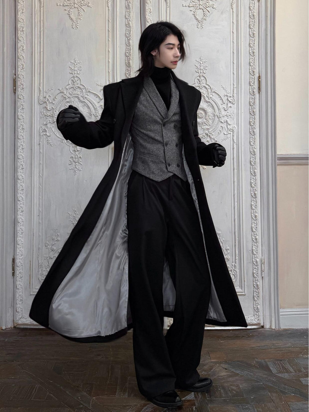 BALITONE Non Iron Slim Fit Double Breasted Long Coat Flap Pockets Black Wool Coats