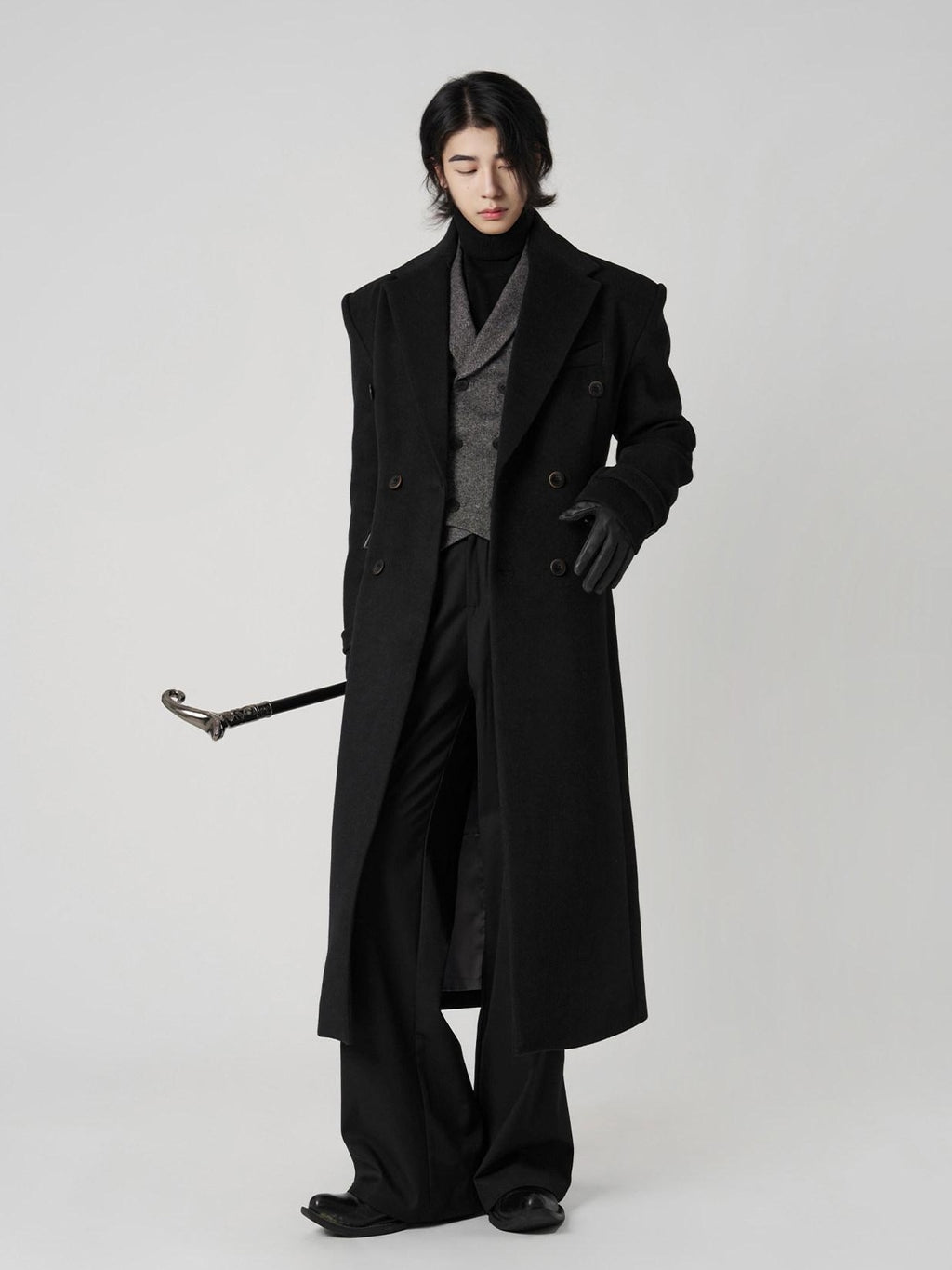 BALITONE Non Iron Slim Fit Double Breasted Long Coat Flap Pockets Black Wool Coats