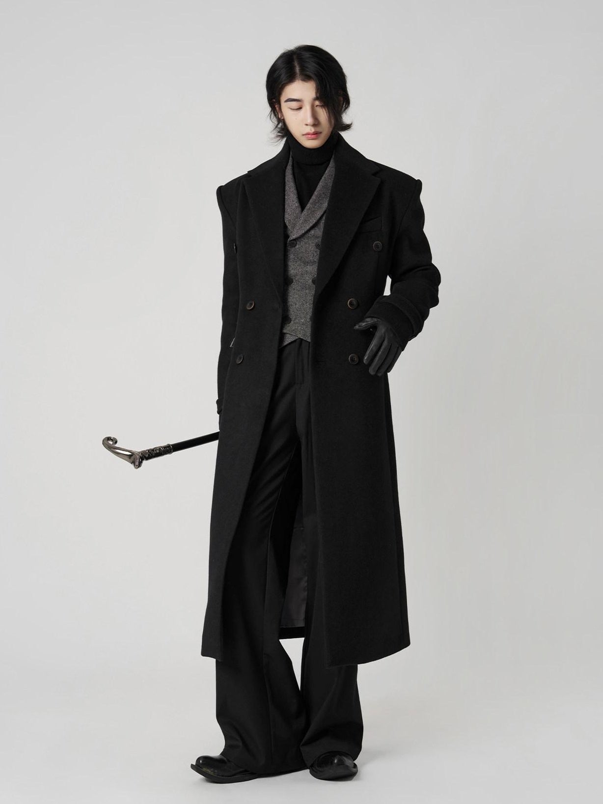 BALITONE Non Iron Slim Fit Double Breasted Long Coat Flap Pockets Black Wool Coats