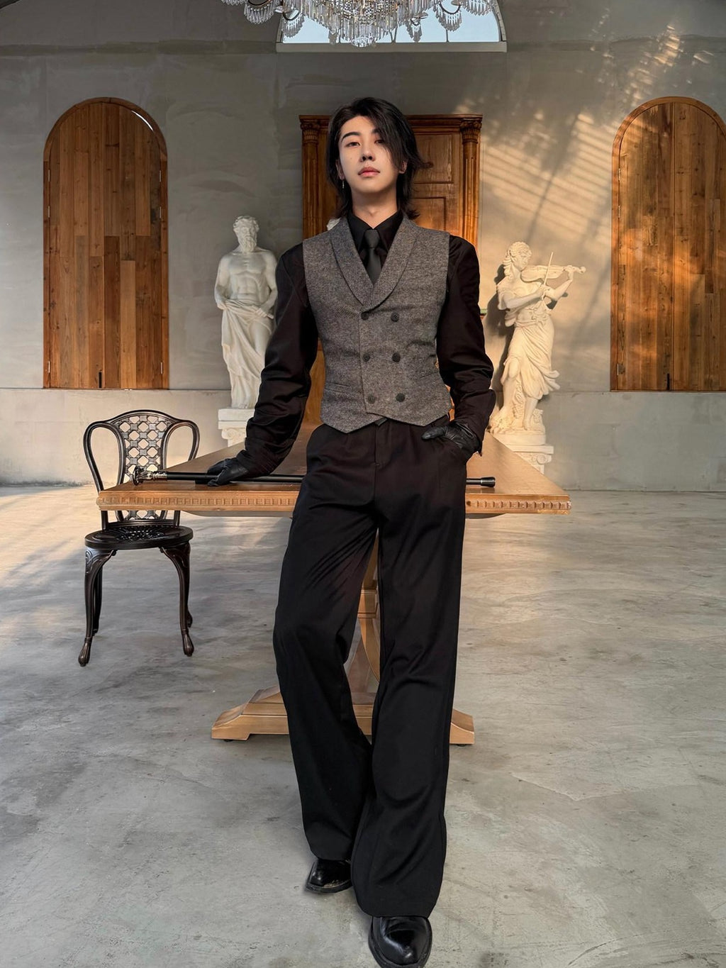 BALITONE Non Iron Wool Blend Slim Button Slanted Hem Youth Dark Gray Tailored Waistcoats