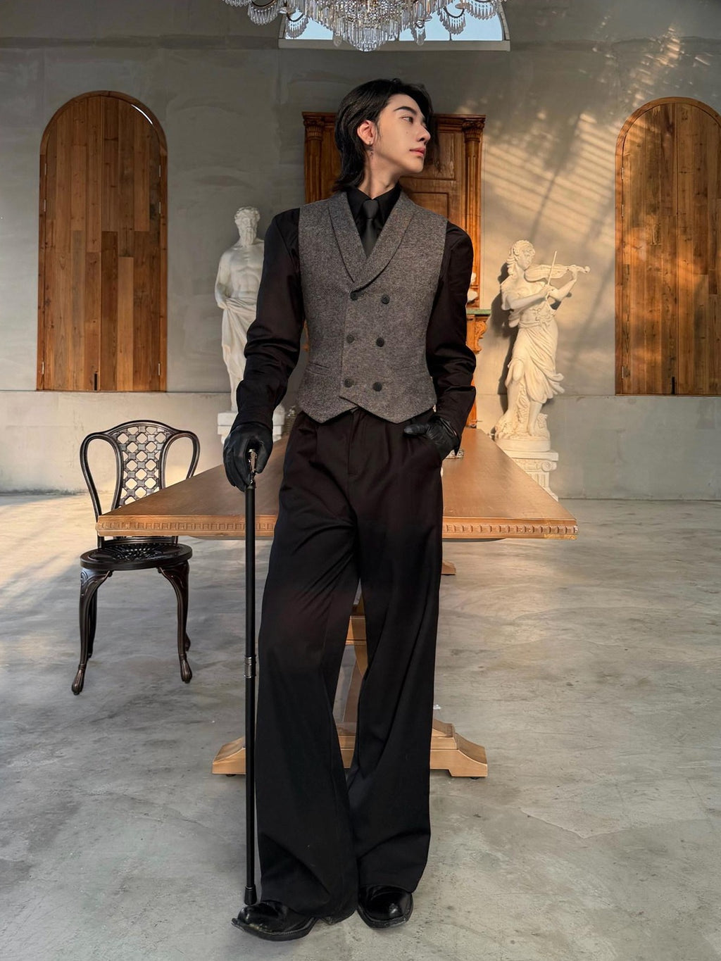 BALITONE Non Iron Wool Blend Slim Button Slanted Hem Youth Dark Gray Tailored Waistcoats