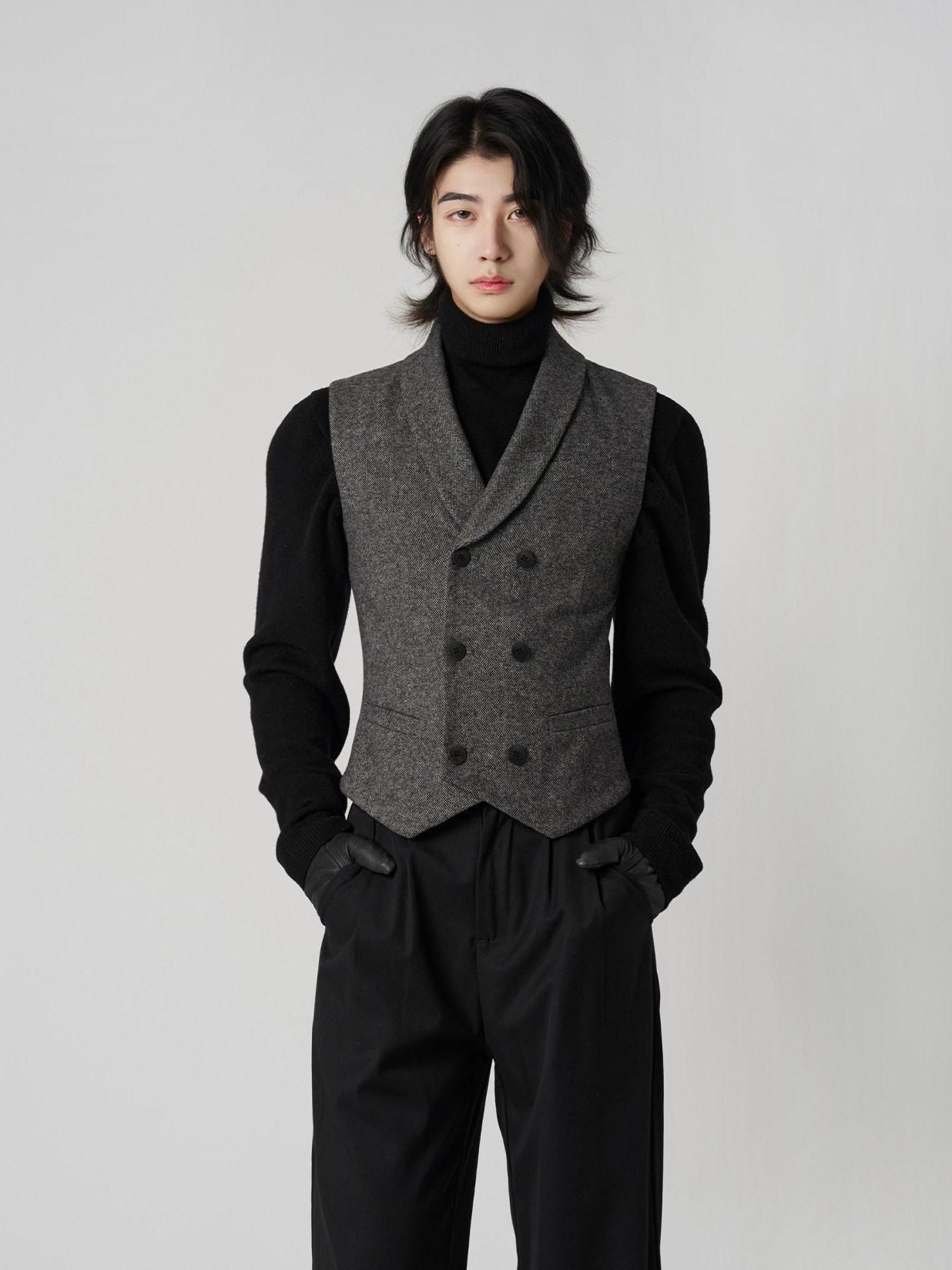 BALITONE Non Iron Wool Blend Slim Button Slanted Hem Youth Dark Gray Tailored Waistcoats