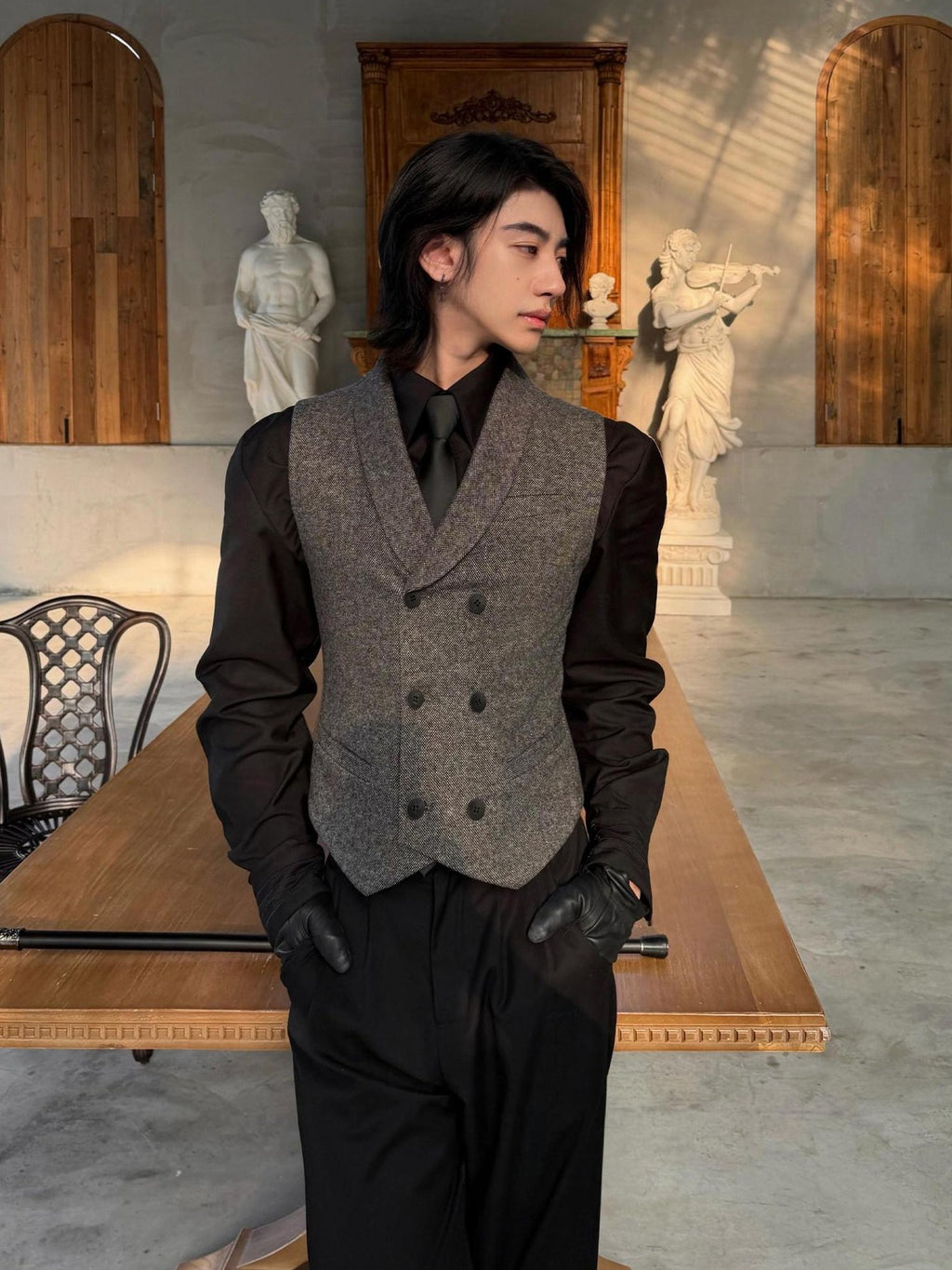BALITONE Non Iron Wool Blend Slim Button Slanted Hem Youth Dark Gray Tailored Waistcoats