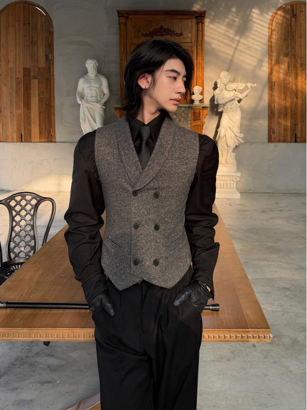BALITONE Non Iron Wool Blend Slim Button Slanted Hem Youth Dark Gray Tailored Waistcoats
