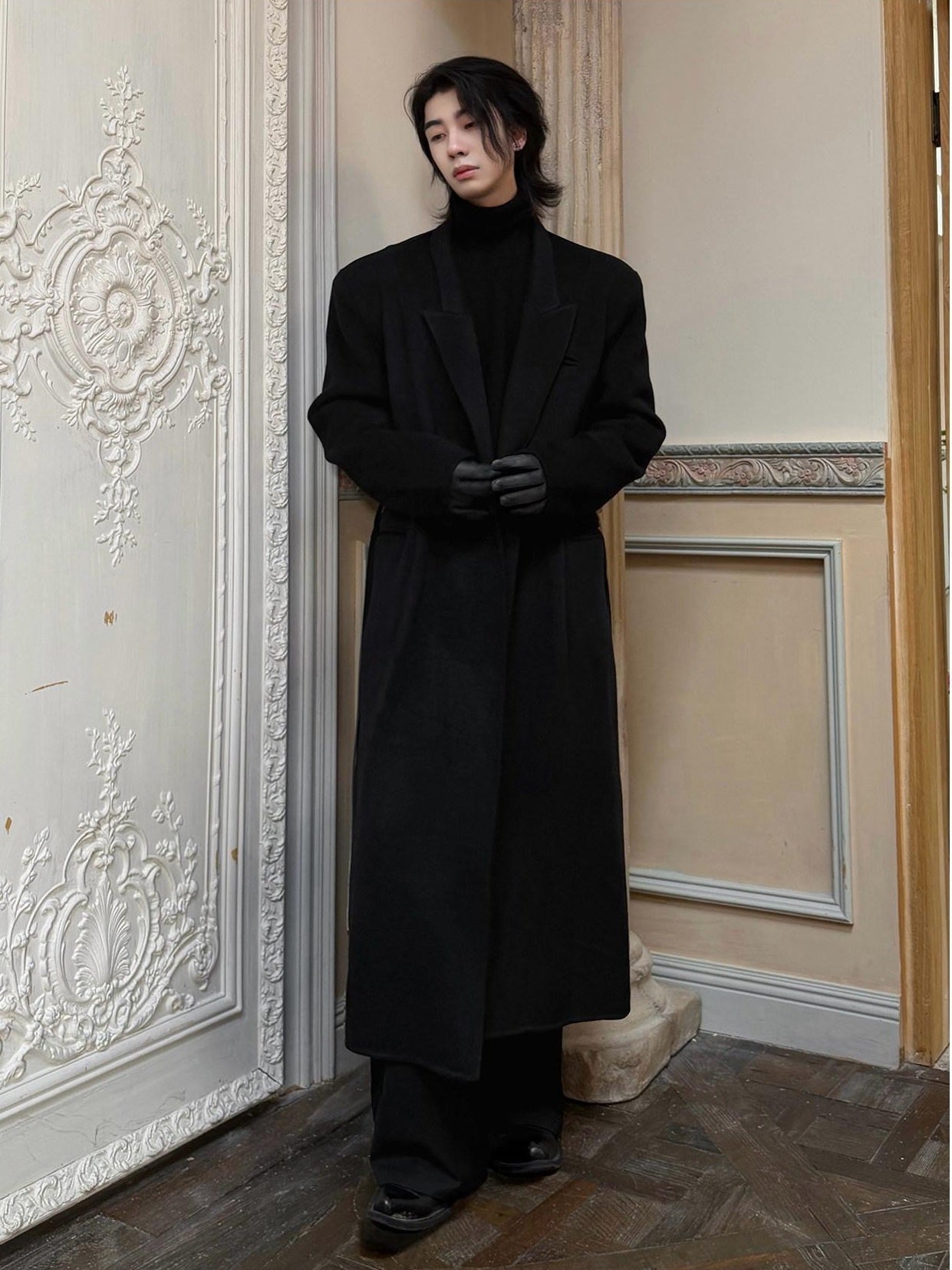 BALITONE Pure Wool Warm Slim Long Notch Collar Kids Black Single Breasted Wool Coats