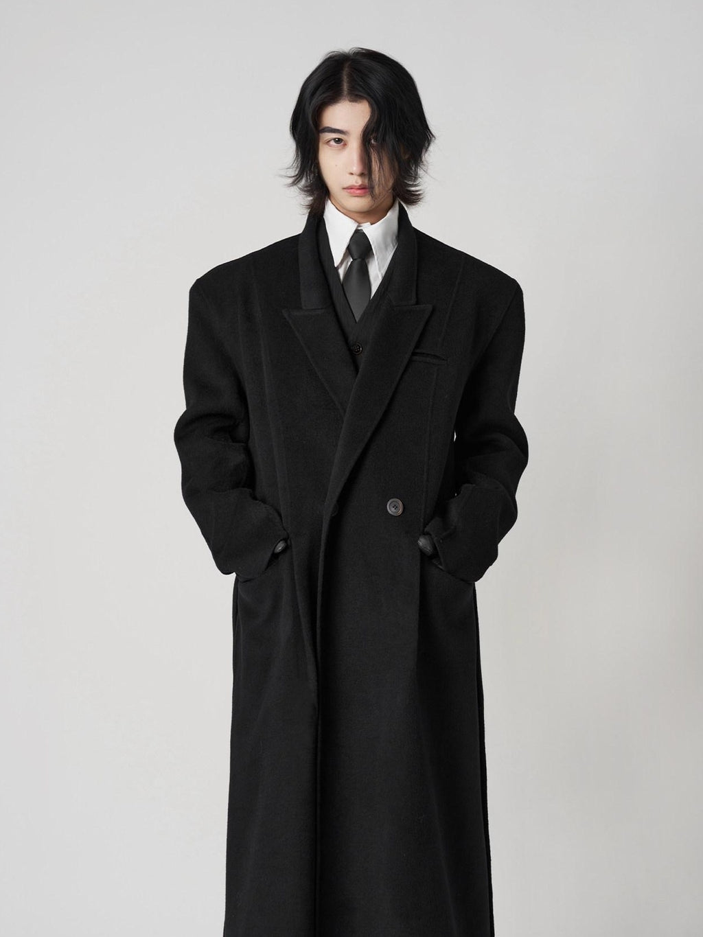 BALITONE Pure Wool Warm Slim Long Notch Collar Kids Black Single Breasted Wool Coats