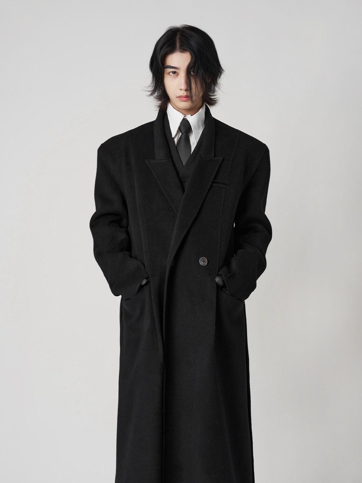 BALITONE Pure Wool Warm Slim Long Notch Collar Kids Black Single Breasted Wool Coats