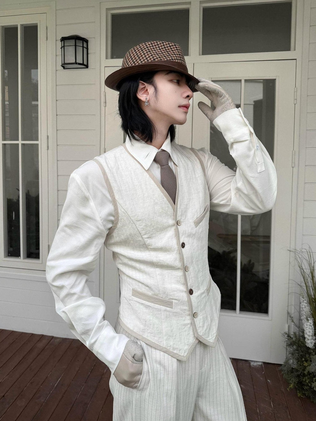 BALITONE Slim Fit Belted V-neck Cotton Blend Unisex Casual White Linen Dress Waistcoats