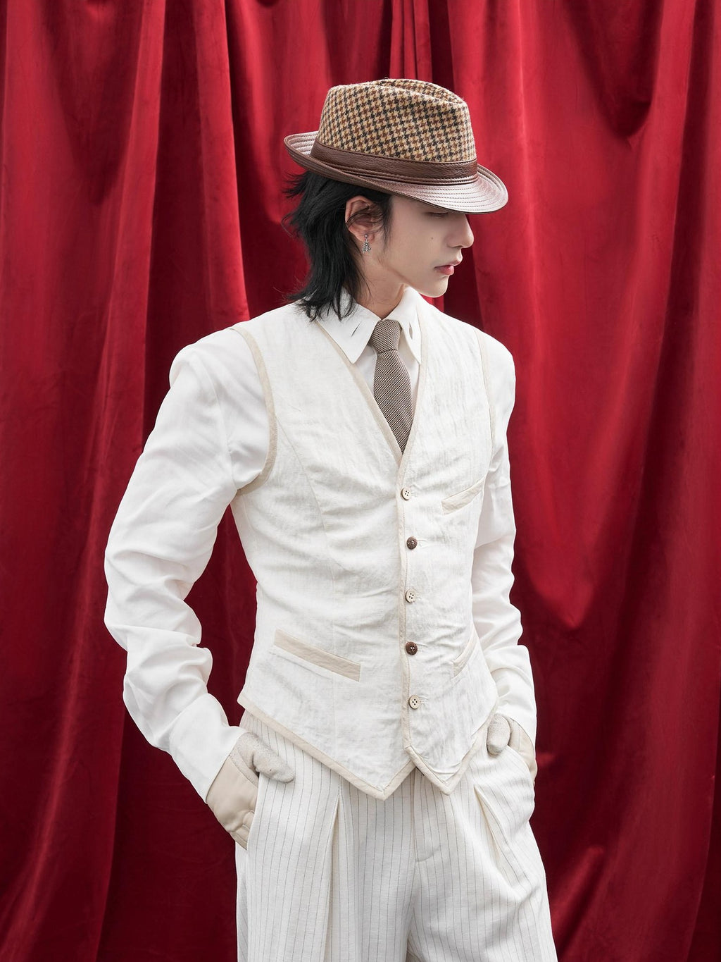 BALITONE Slim Fit Belted V-neck Cotton Blend Unisex Casual White Linen Dress Waistcoats