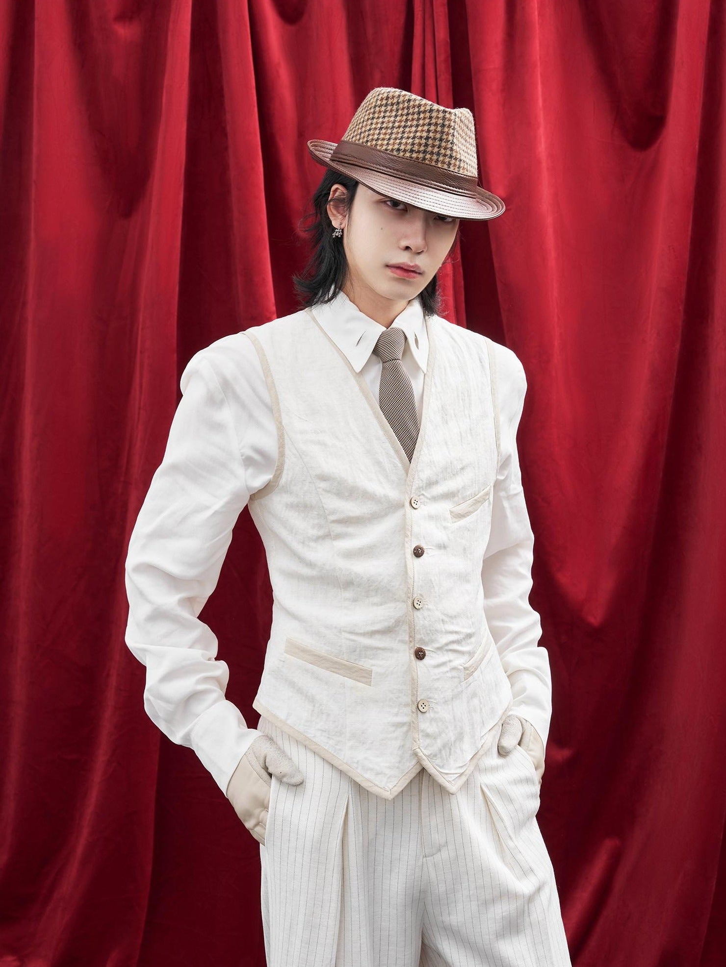 BALITONE Slim Fit Belted V-neck Cotton Blend Unisex Casual White Linen Dress Waistcoats