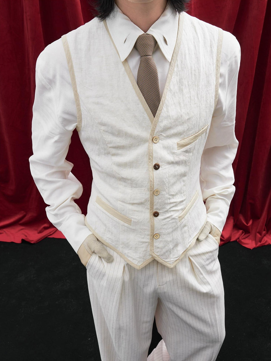 BALITONE Slim Fit Belted V-neck Cotton Blend Unisex Casual White Linen Dress Waistcoats