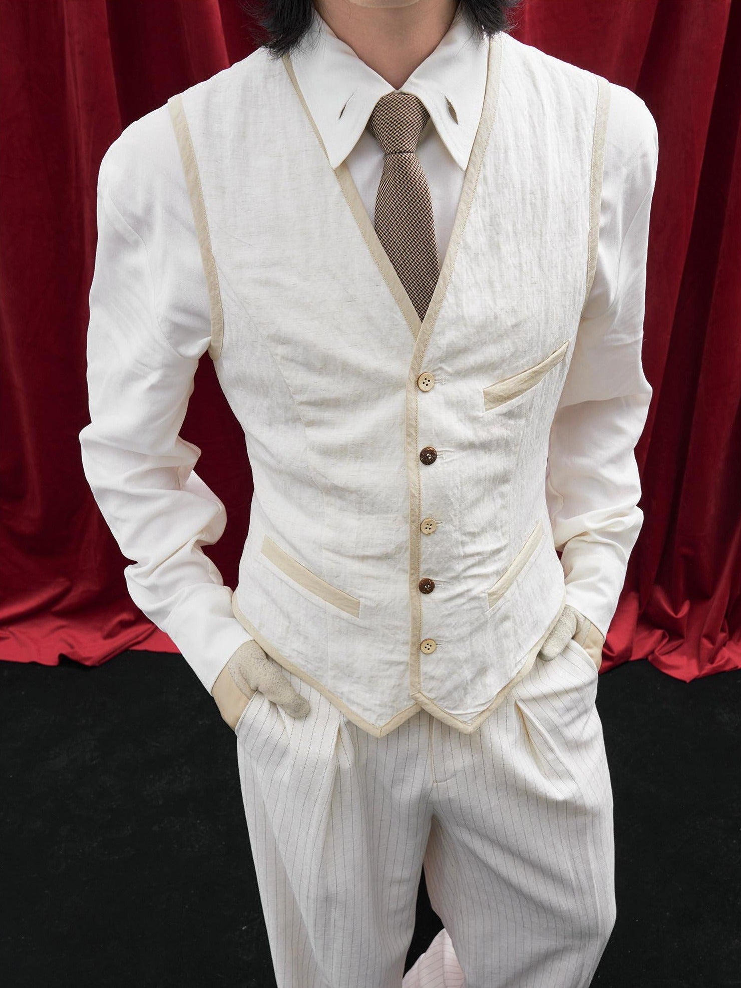 BALITONE Slim Fit Belted V-neck Cotton Blend Unisex Casual White Linen Dress Waistcoats