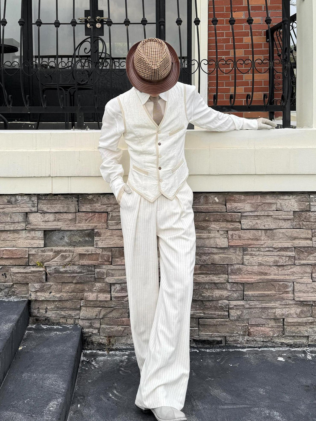 BALITONE Slim Fit Belted V-neck Cotton Blend Unisex Casual White Linen Dress Waistcoats