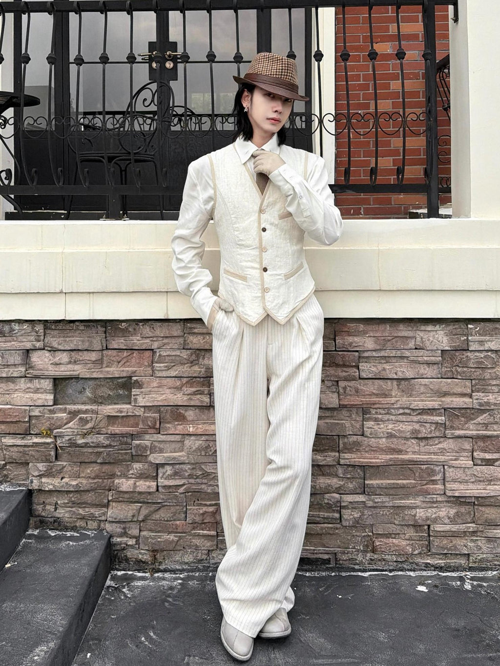 BALITONE Slim Fit Belted V-neck Cotton Blend Unisex Casual White Linen Dress Waistcoats