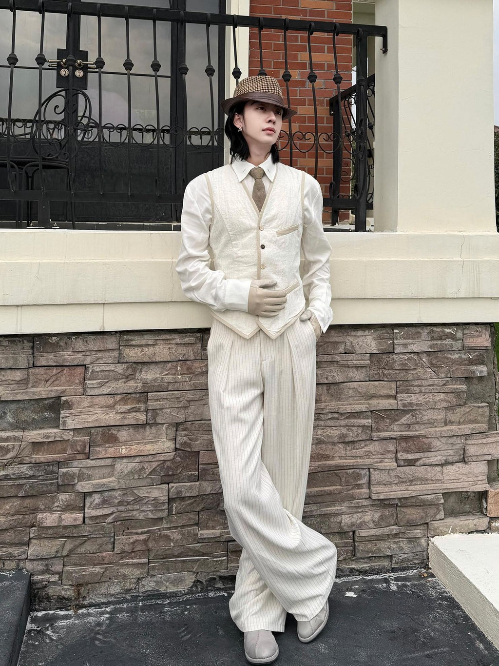 BALITONE Slim Fit Belted V-neck Cotton Blend Unisex Casual White Linen Dress Waistcoats