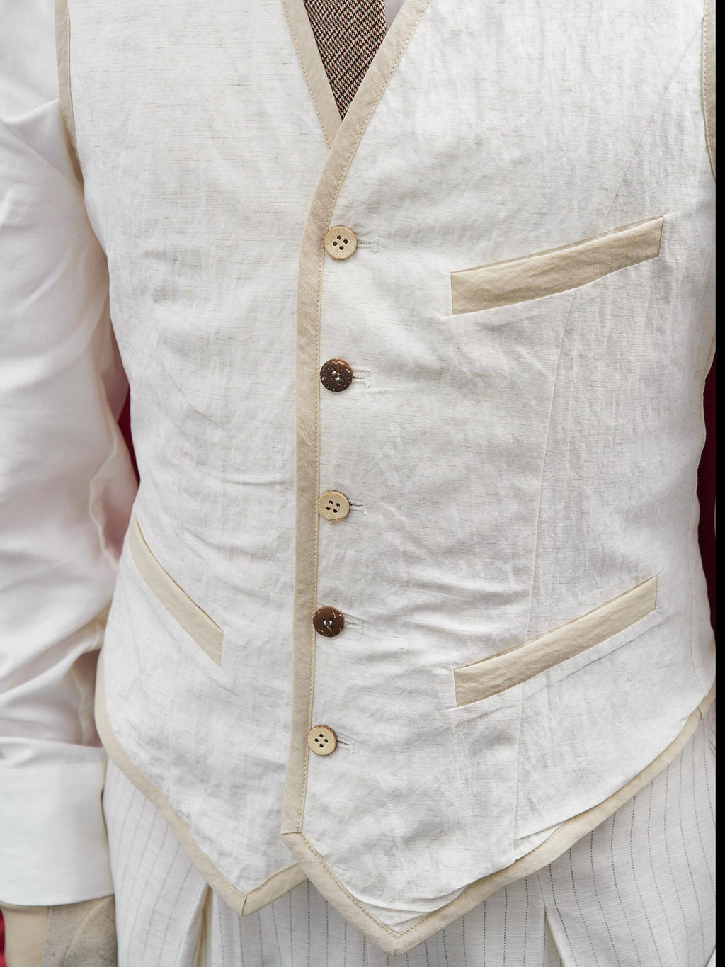 BALITONE Slim Fit Belted V-neck Cotton Blend Unisex Casual White Linen Dress Waistcoats