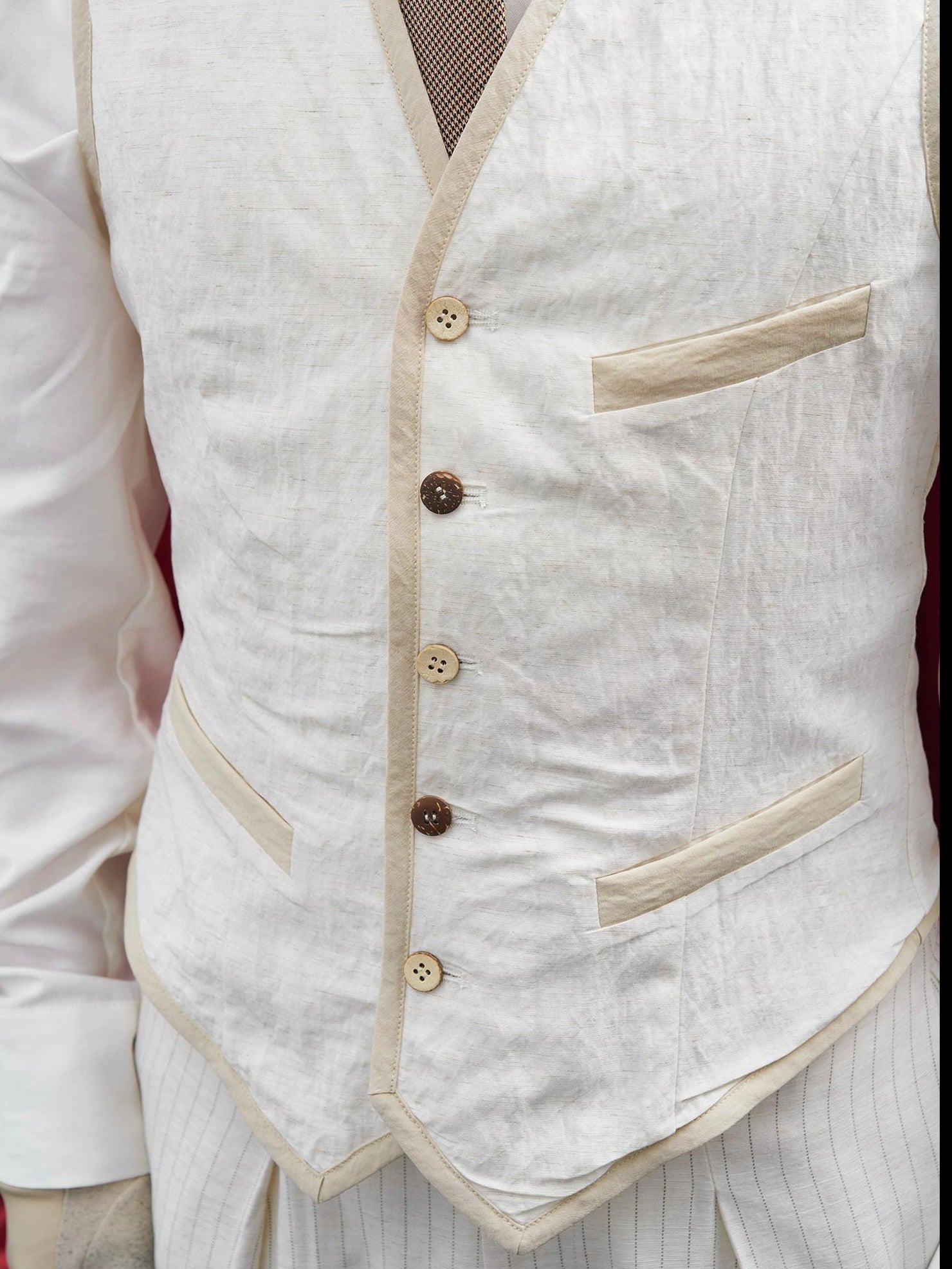 BALITONE Slim Fit Belted V-neck Cotton Blend Unisex Casual White Linen Dress Waistcoats