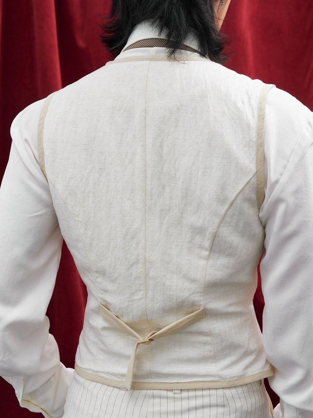 BALITONE Slim Fit Belted V-neck Cotton Blend Unisex Casual White Linen Dress Waistcoats