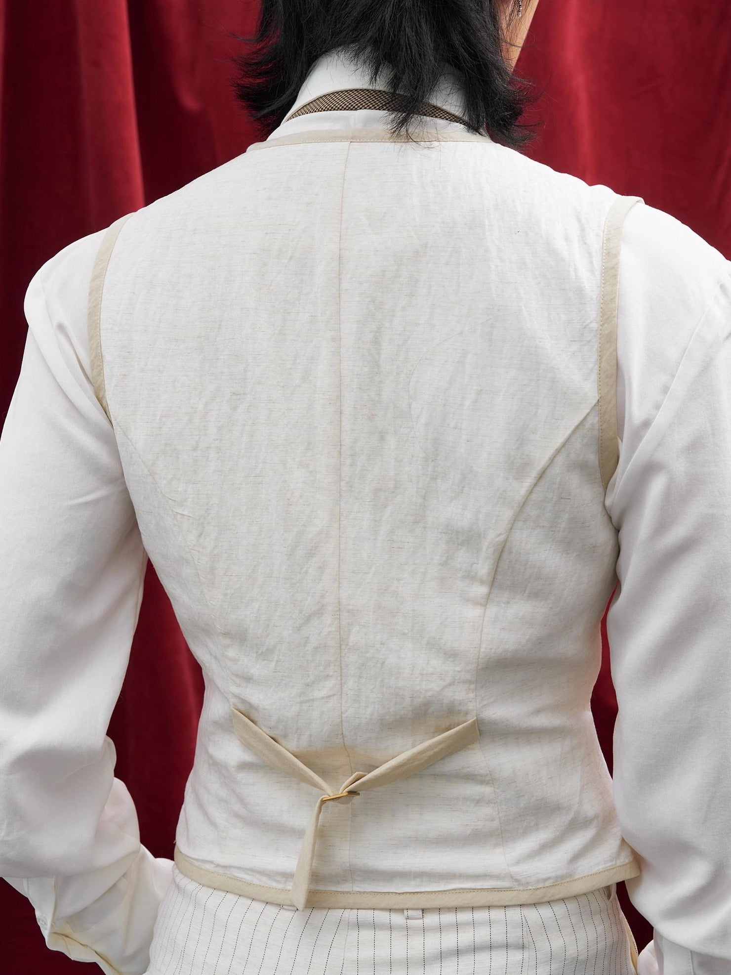 BALITONE Slim Fit Belted V-neck Cotton Blend Unisex Casual White Linen Dress Waistcoats