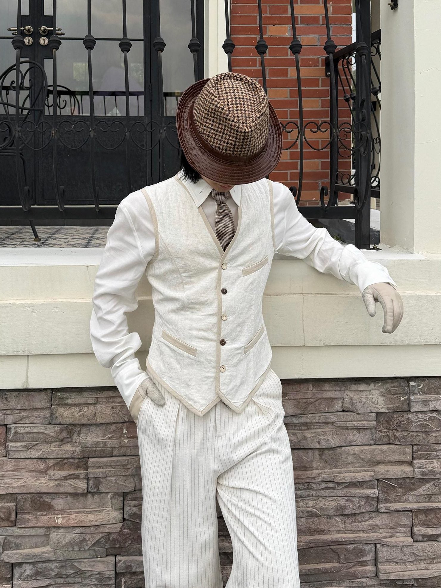 BALITONE Slim Fit Belted V-neck Cotton Blend Unisex Casual White Linen Dress Waistcoats