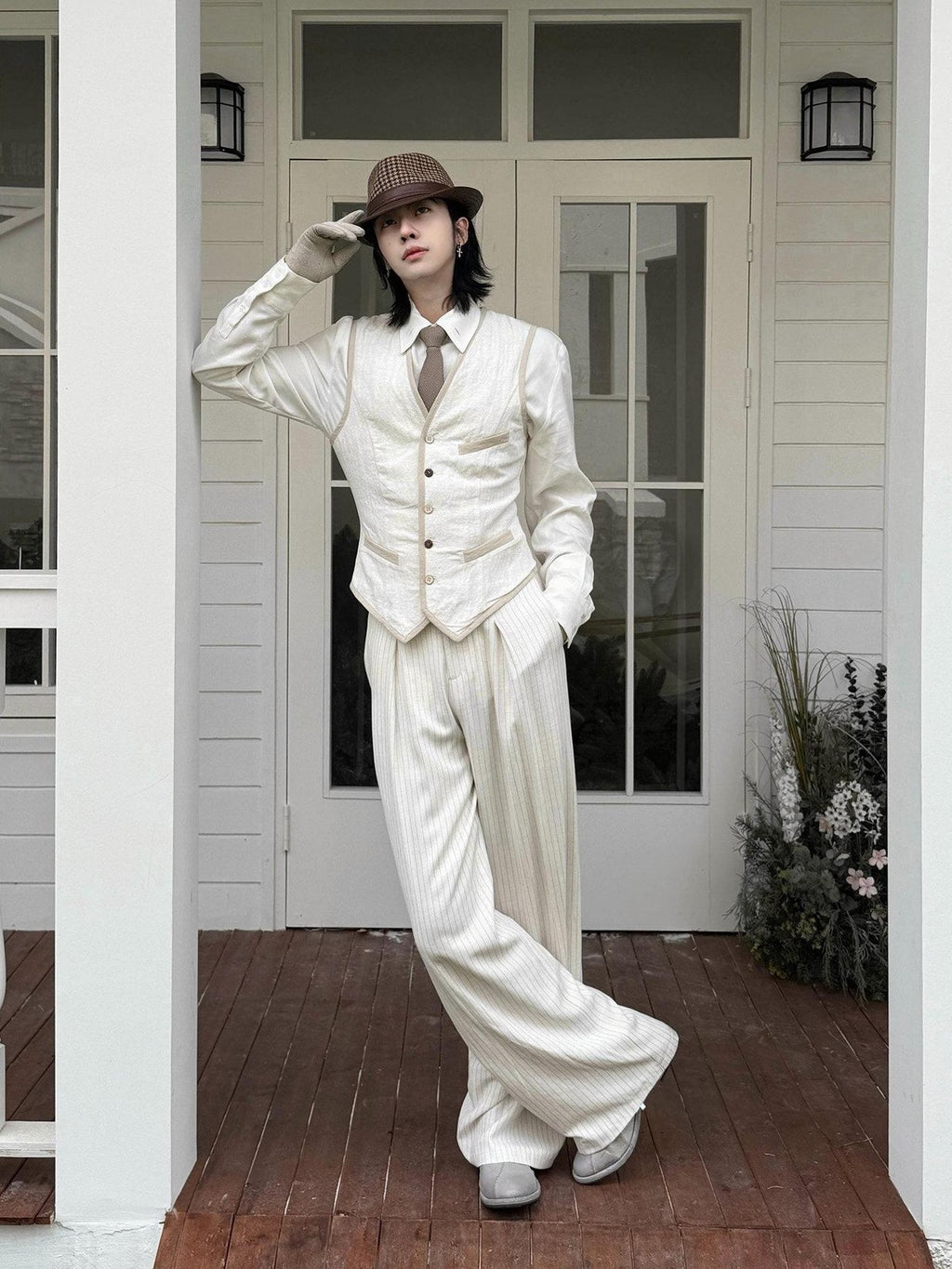 BALITONE Slim Fit Belted V-neck Cotton Blend Unisex Casual White Linen Dress Waistcoats