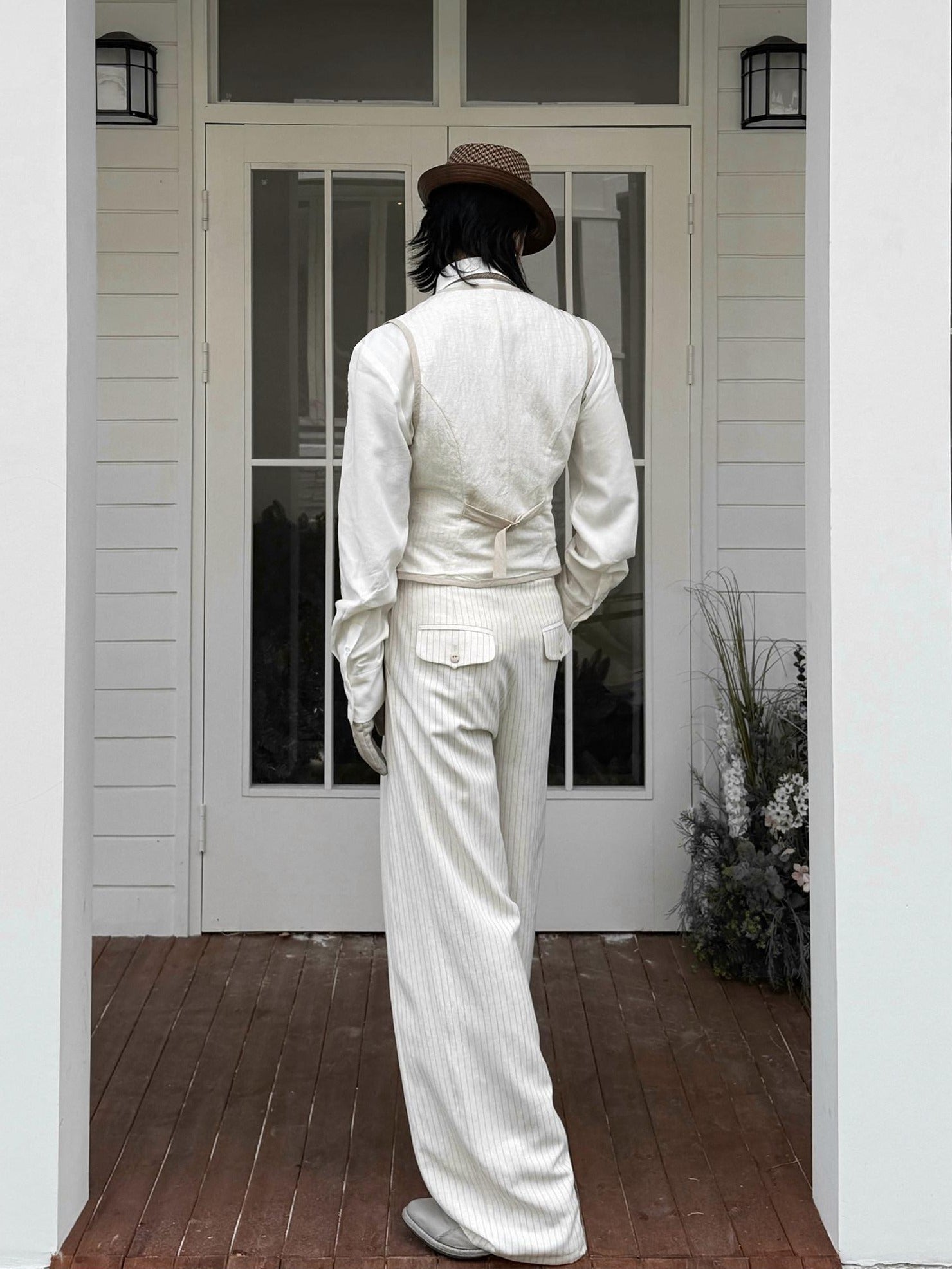 BALITONE Slim Fit Belted V-neck Cotton Blend Unisex Casual White Linen Dress Waistcoats
