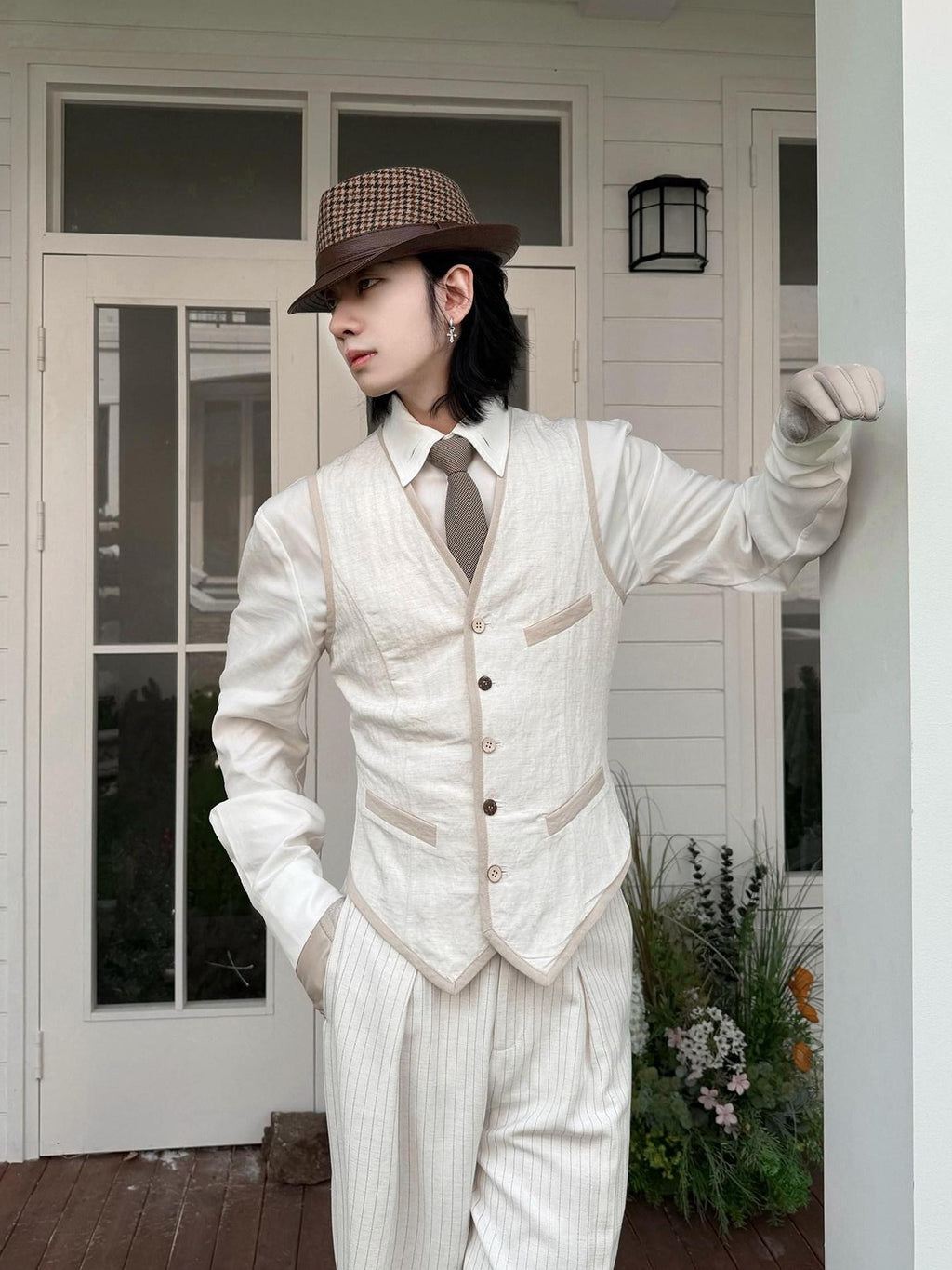 BALITONE Slim Fit Belted V-neck Cotton Blend Unisex Casual White Linen Dress Waistcoats