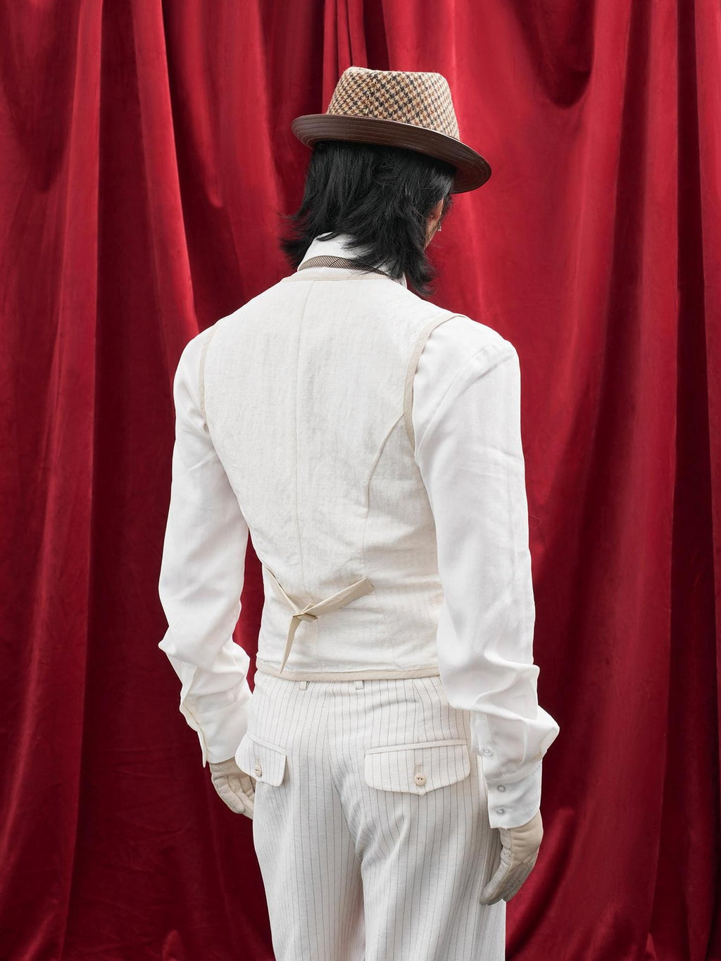 BALITONE Slim Fit Belted V-neck Cotton Blend Unisex Casual White Linen Dress Waistcoats