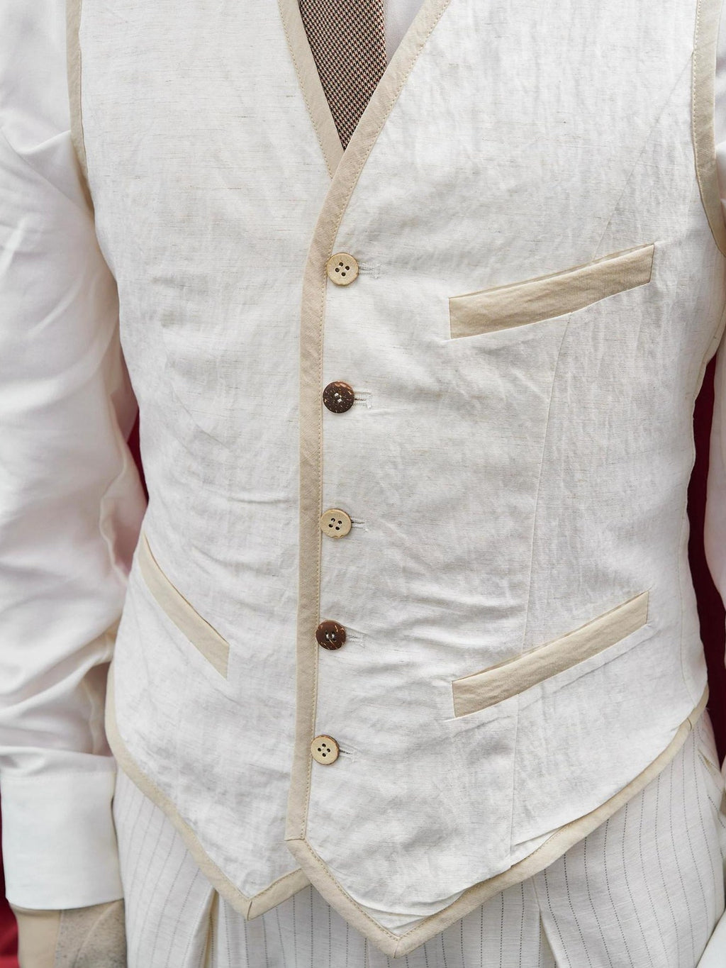 BALITONE Slim Fit Belted V-neck Cotton Blend Unisex Casual White Linen Dress Waistcoats