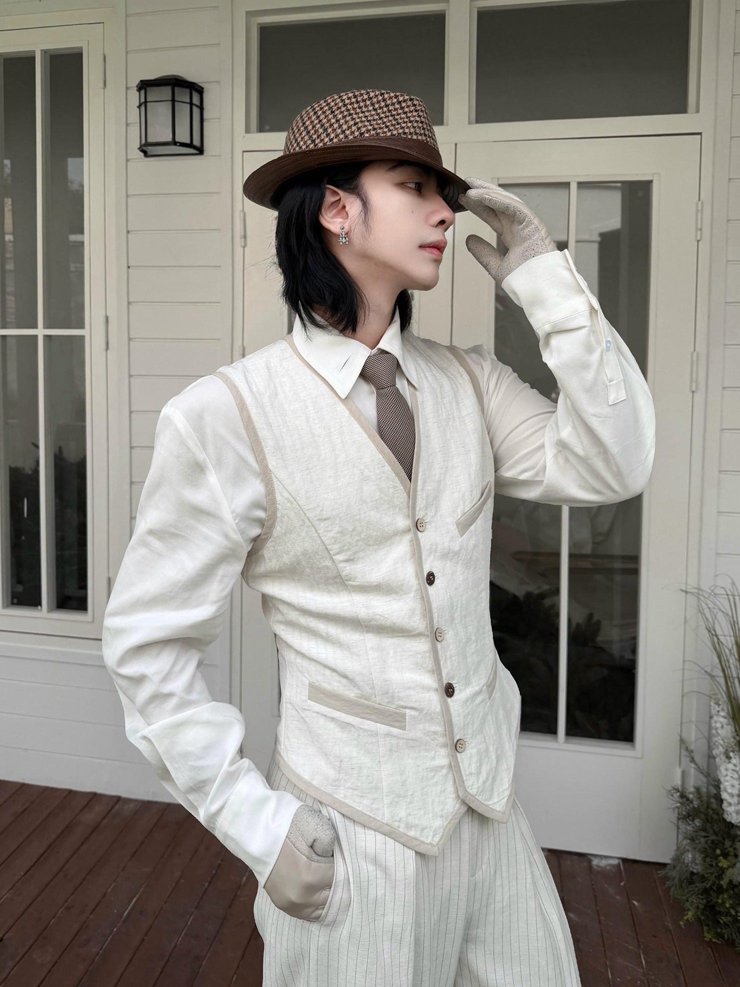 BALITONE Slim Fit Belted V-neck Cotton Blend Unisex Casual White Linen Dress Waistcoats