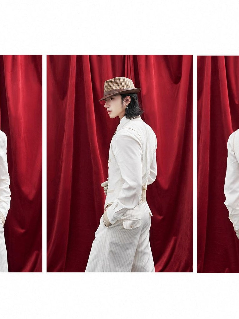 BALITONE Slim Fit Belted V-neck Cotton Blend Unisex Casual White Linen Dress Waistcoats