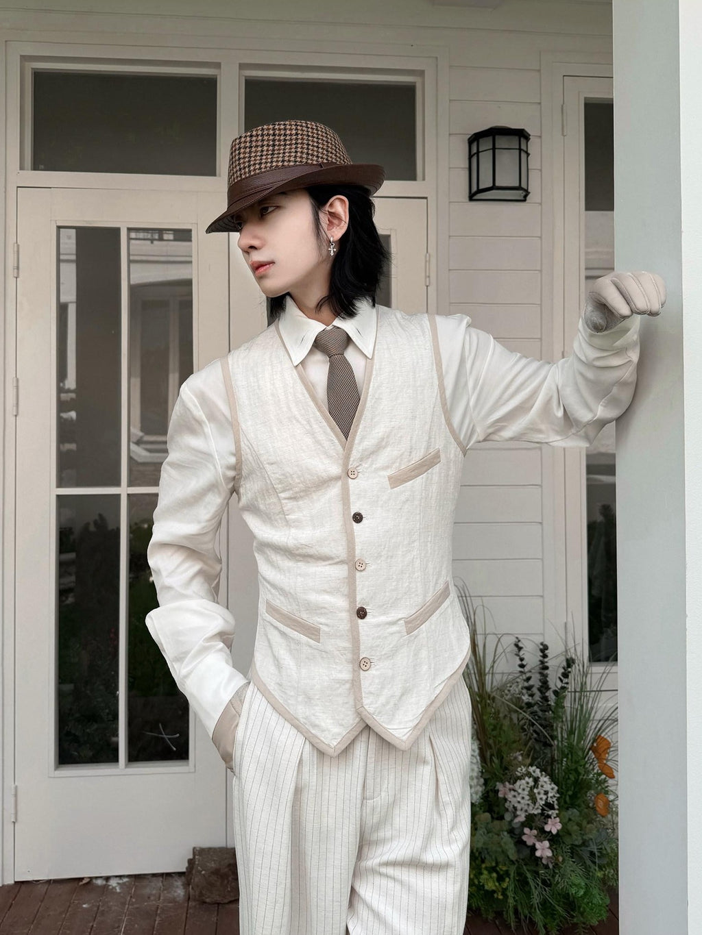 BALITONE Slim Fit Belted V-neck Cotton Blend Unisex Casual White Linen Dress Waistcoats