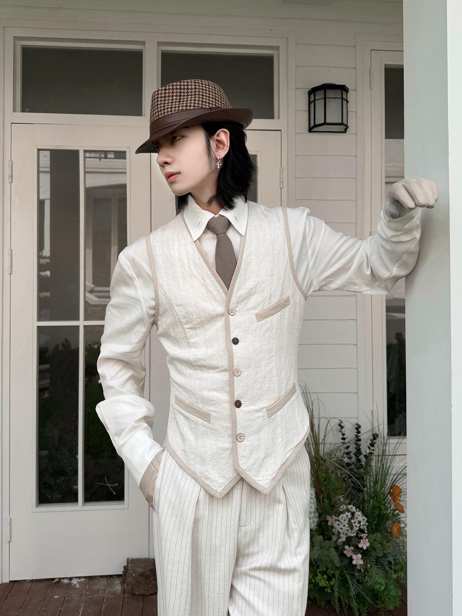 BALITONE Slim Fit Belted V-neck Cotton Blend Unisex Casual White Linen Dress Waistcoats