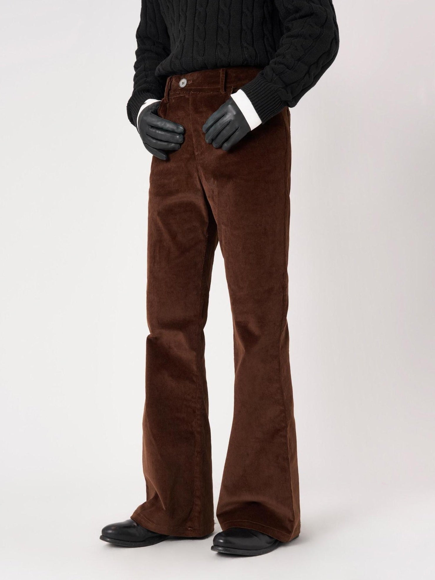 BALITONE Slim Stretch Vintage Flared Distressed Brown Button Corduroy Casual Trousers