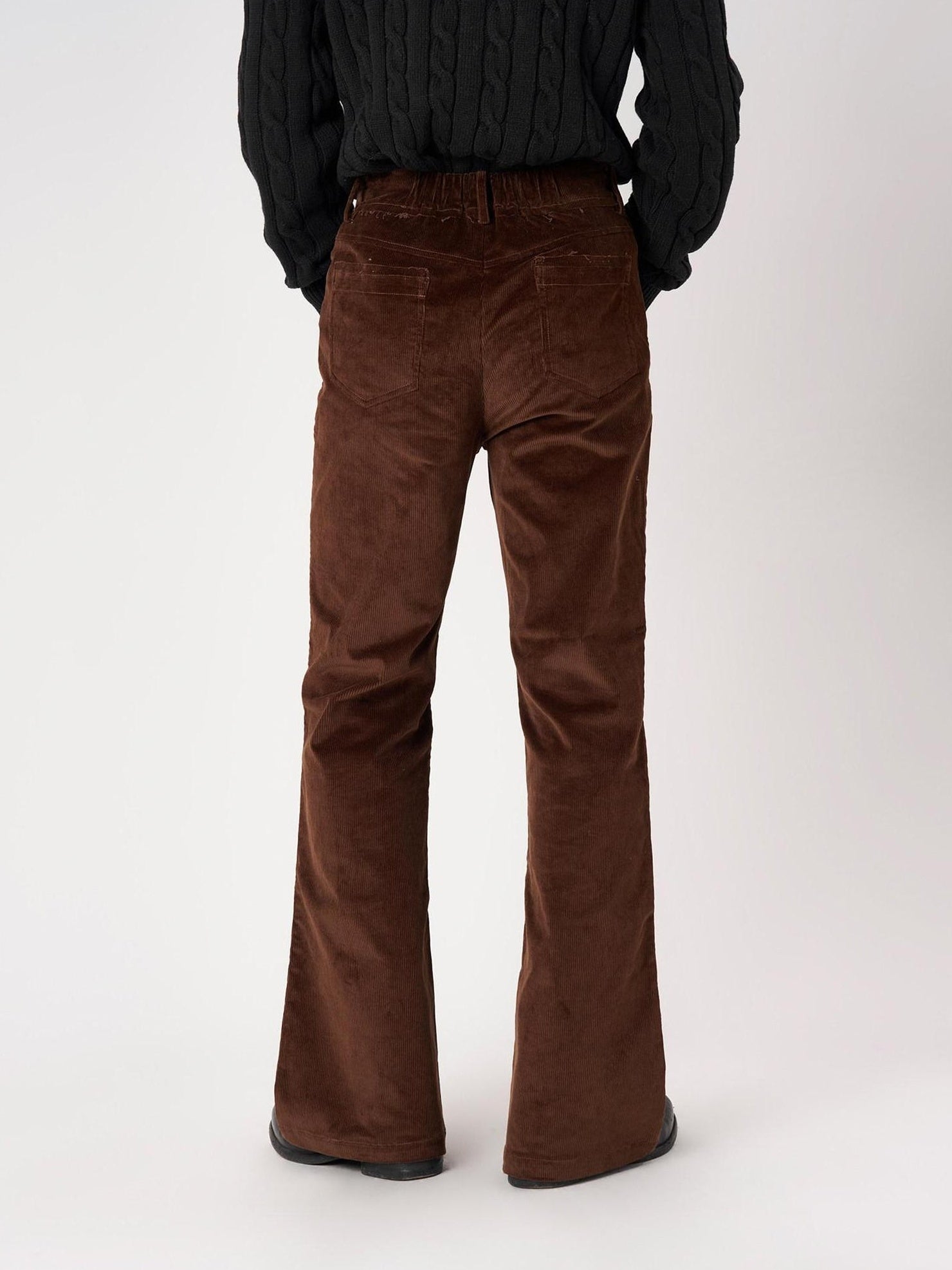BALITONE Slim Stretch Vintage Flared Distressed Brown Button Corduroy Casual Trousers